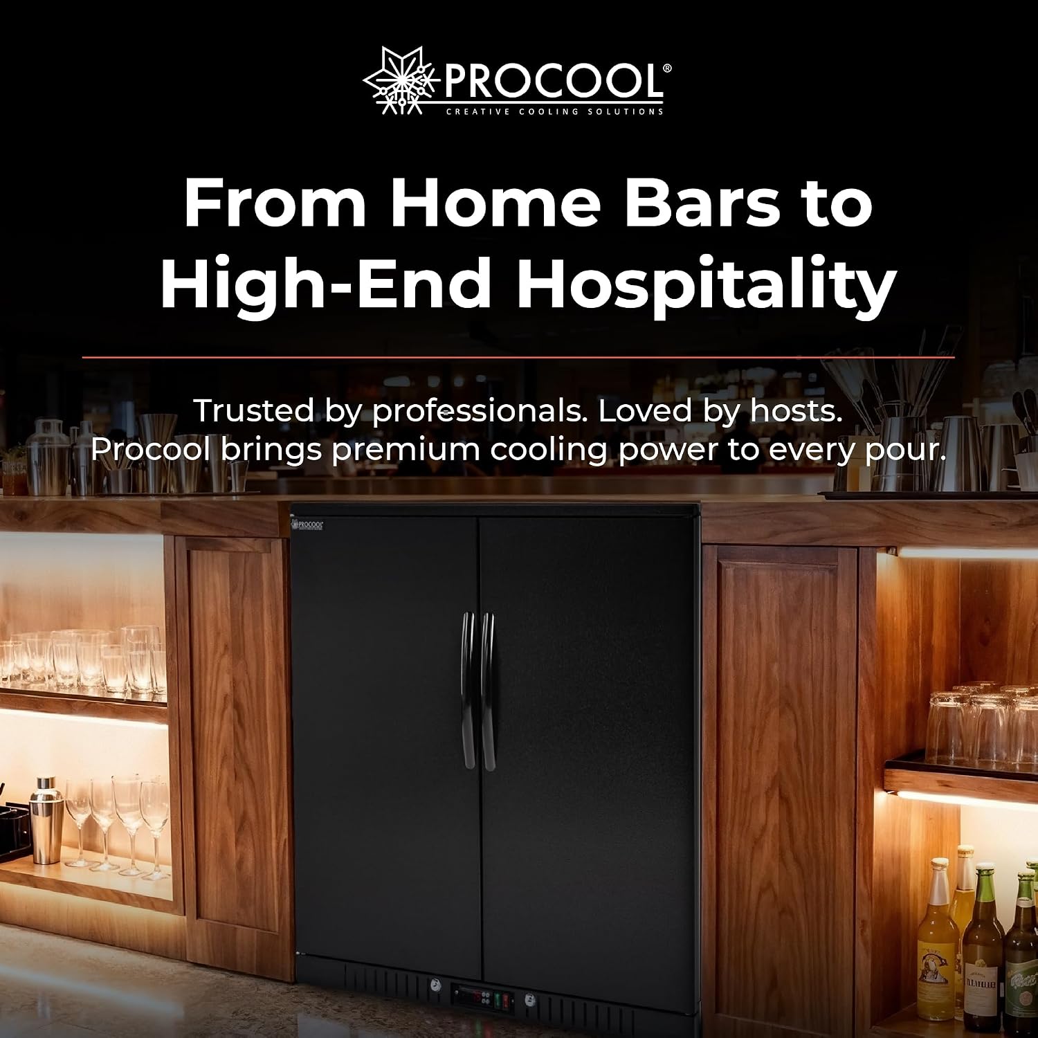 Procool 2-Door Counter Height Beverage Refrigerator - 36' Wide Energy Efficient Black Bar Fridge With LED Lighting - Commercial Back Bar Cooler