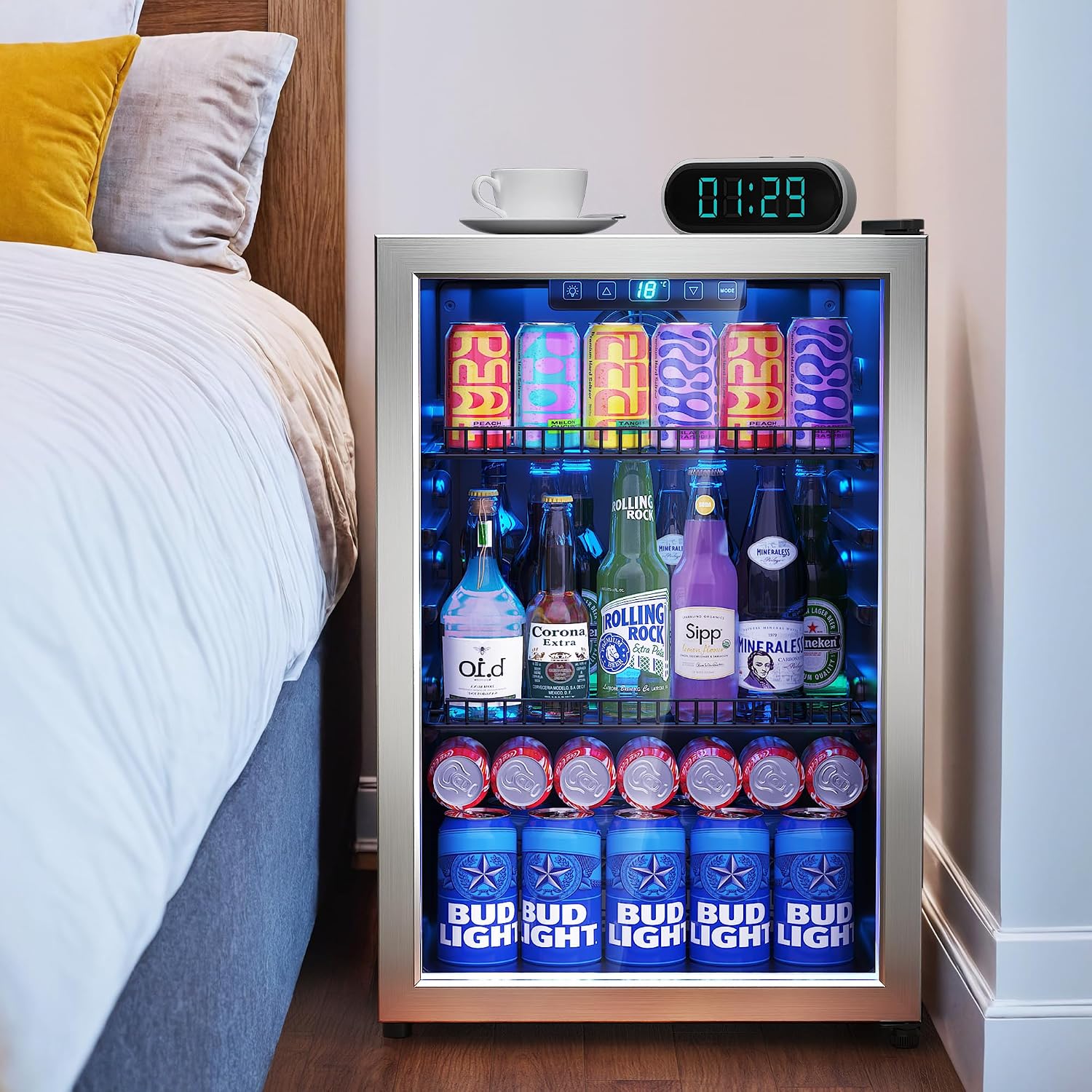 Manastin Beverage Refrigerator Cooler-Mini Fridge Freestanding Cooler with Glass Door, Adjustable Shelves & Digital Temperature Display for Drink, Wine or Beer (Silver, 2.47 Cu.Ft)