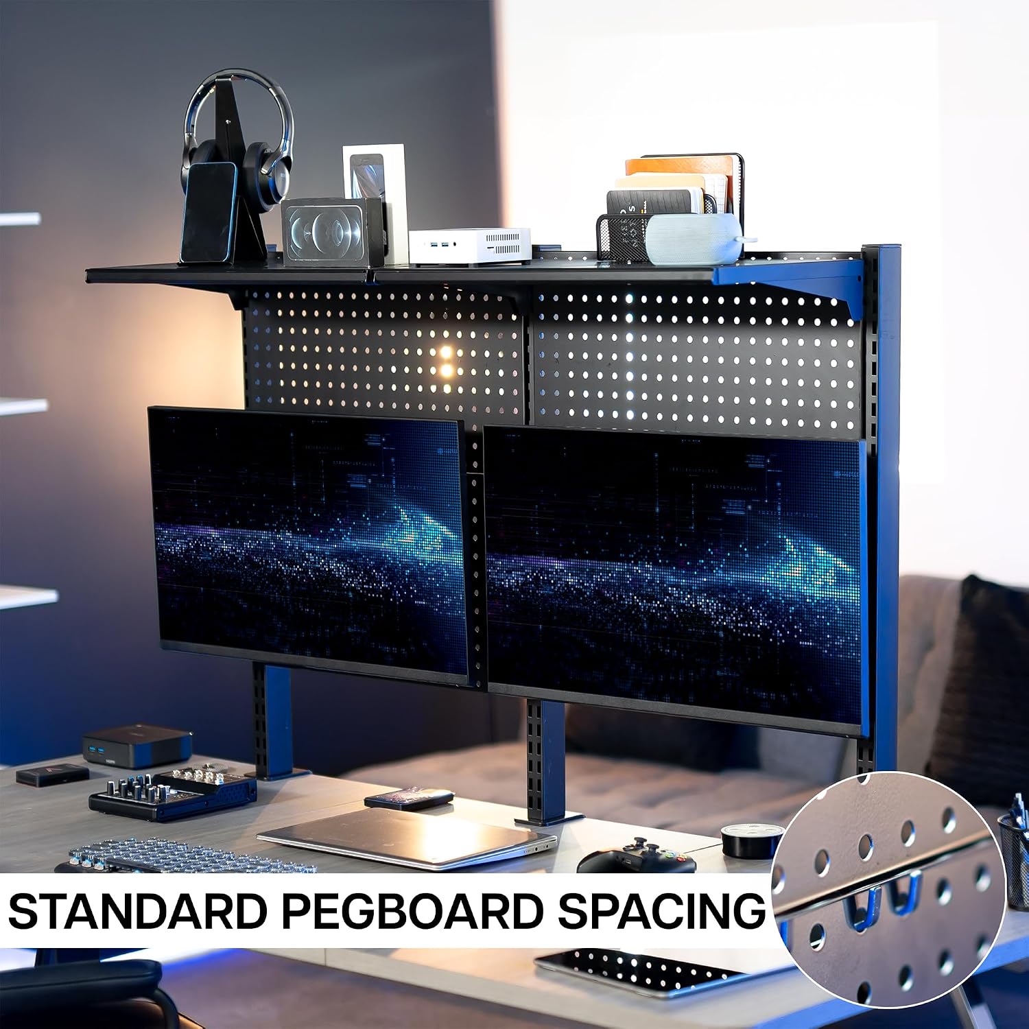 VIVO Steel Triple Clamp 47 x 31 inch Desk Pegboard System with 2 Monitor Mounts and Storage Shelf, Fits up to 32 inch Screens, Office Accessory Organizer, Black, PP-DK48SB
