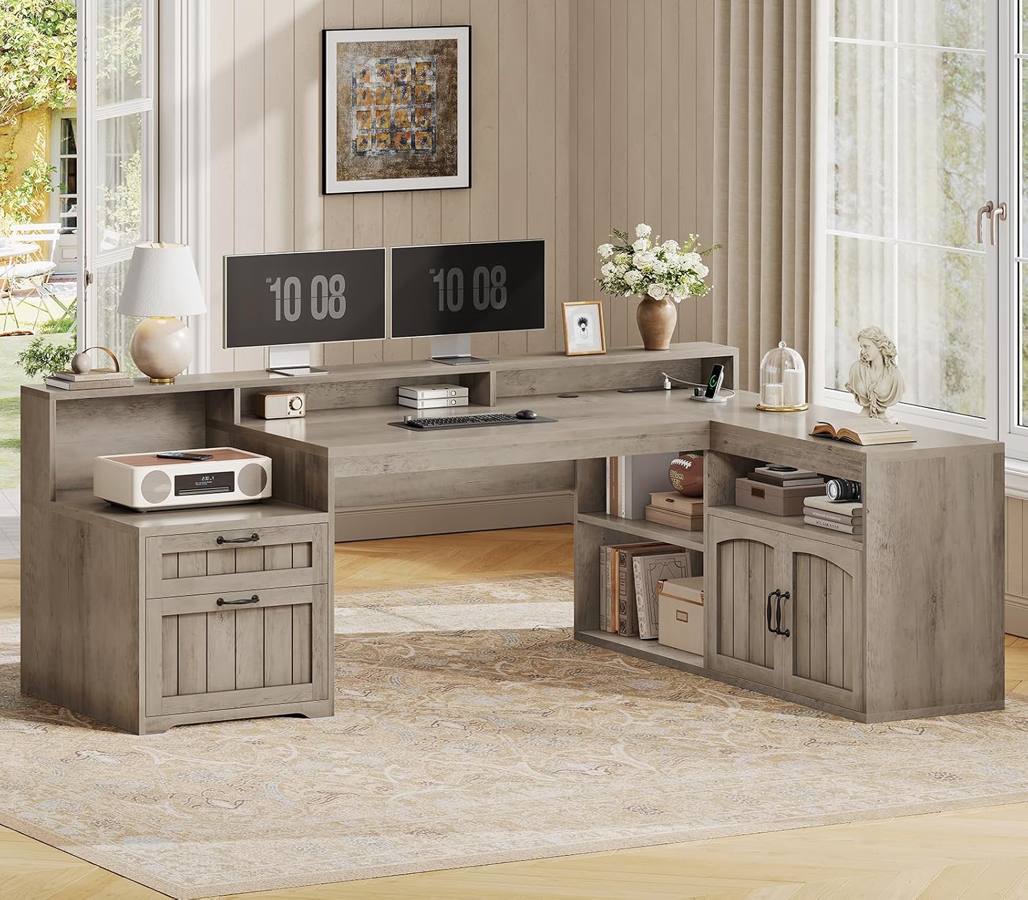 SEDETA Farmhouse L Shaped Desk with Drawers, 59' Office Desk with File Drawers, Wood Corner Computer Desk with Storage, Home Office Desks with Storage Cabinet and Monitor Stand, Grey