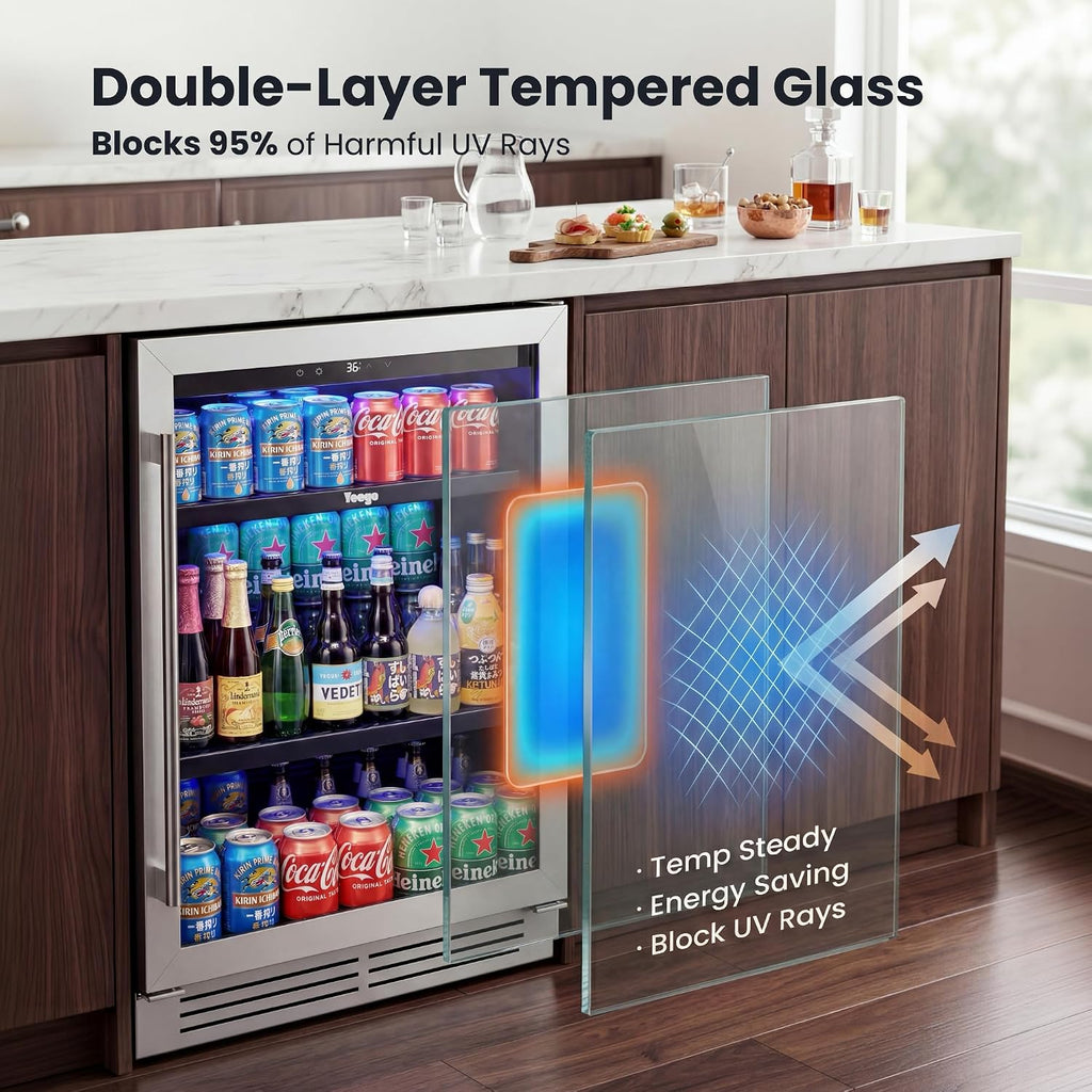 Yeego Beverage Refrigerator & Drink Fridge - 24 inch 180 Cans Beer Cooler Glass Door, 34-54℉ Under Counter Refrigerator Built-in for Drink Soda Wine for Bar Office Bedroom