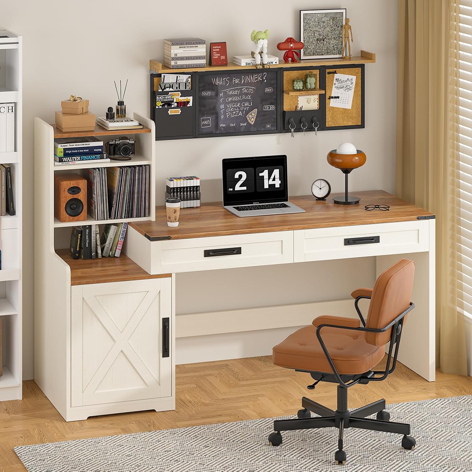YOMILUVE 60'' Farmhouse Computer Desk with Drawers, Home Office Desk with Bookcase, Vanity Desk Writing Study Table with Storage, Antique White