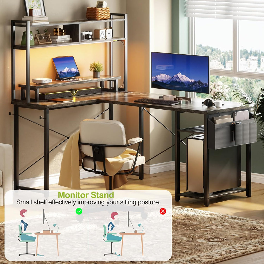 Besiost Small L Shaped Gaming Desk with Power Outlets, 48' Reversible L Shaped LED Computer Desk with Monitor Stand & Storage Shelf, Corner Gamer Desk Home Office Desk with Storage Bag, Black Oak