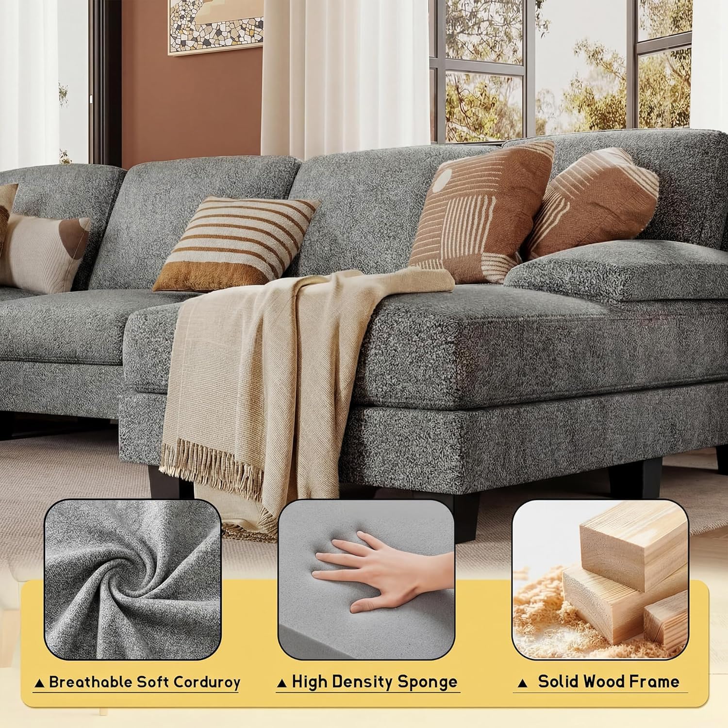 JUMMICO Sectional Couches for Living Room, U Shaped Couch with Chenille Fabric, 4 Seat Modern Sofa with Removable Pillows for Apartment and Small Space (Loop Yarn, Pearl Gray)