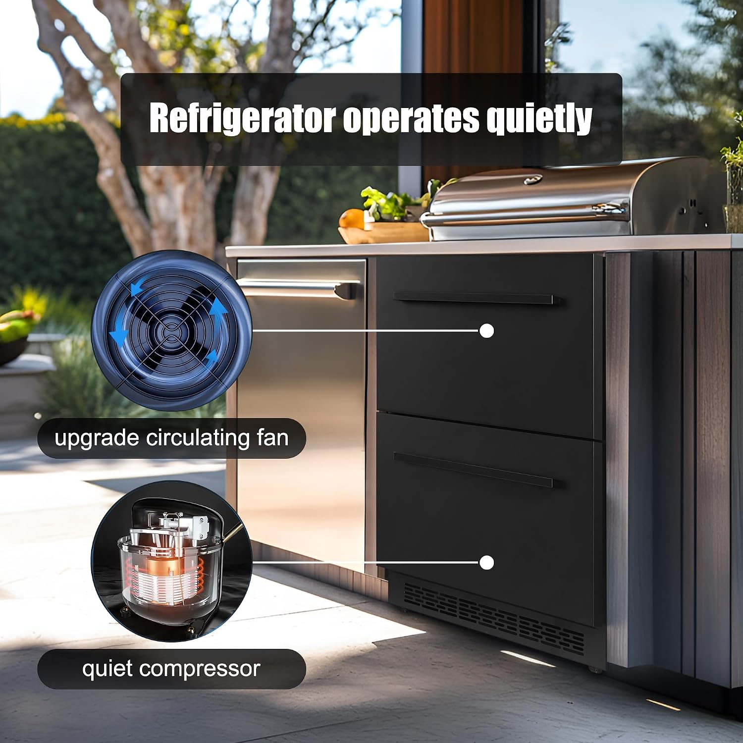24Inch Double Drawer Refrigerator with Freezer,Under Counter Beverage Fridge for Indoor Outdoor Kitchen, Waterproof Black Stainless Steel Freezer for Freshness & Freezing Meat (-0.4℉ to 50℉)