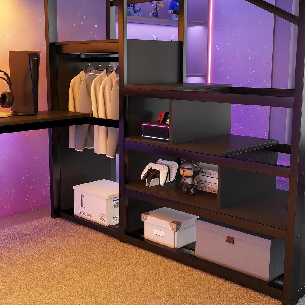 Queen Size Loft Bed with Stairs & Desk, Metal High Gaming Loft Bed Queen Frame with Storage Shelves, RGB Light & Charging Station, Heavy-Duty Beds with Closet for Adults,Teens, Kids, All Black