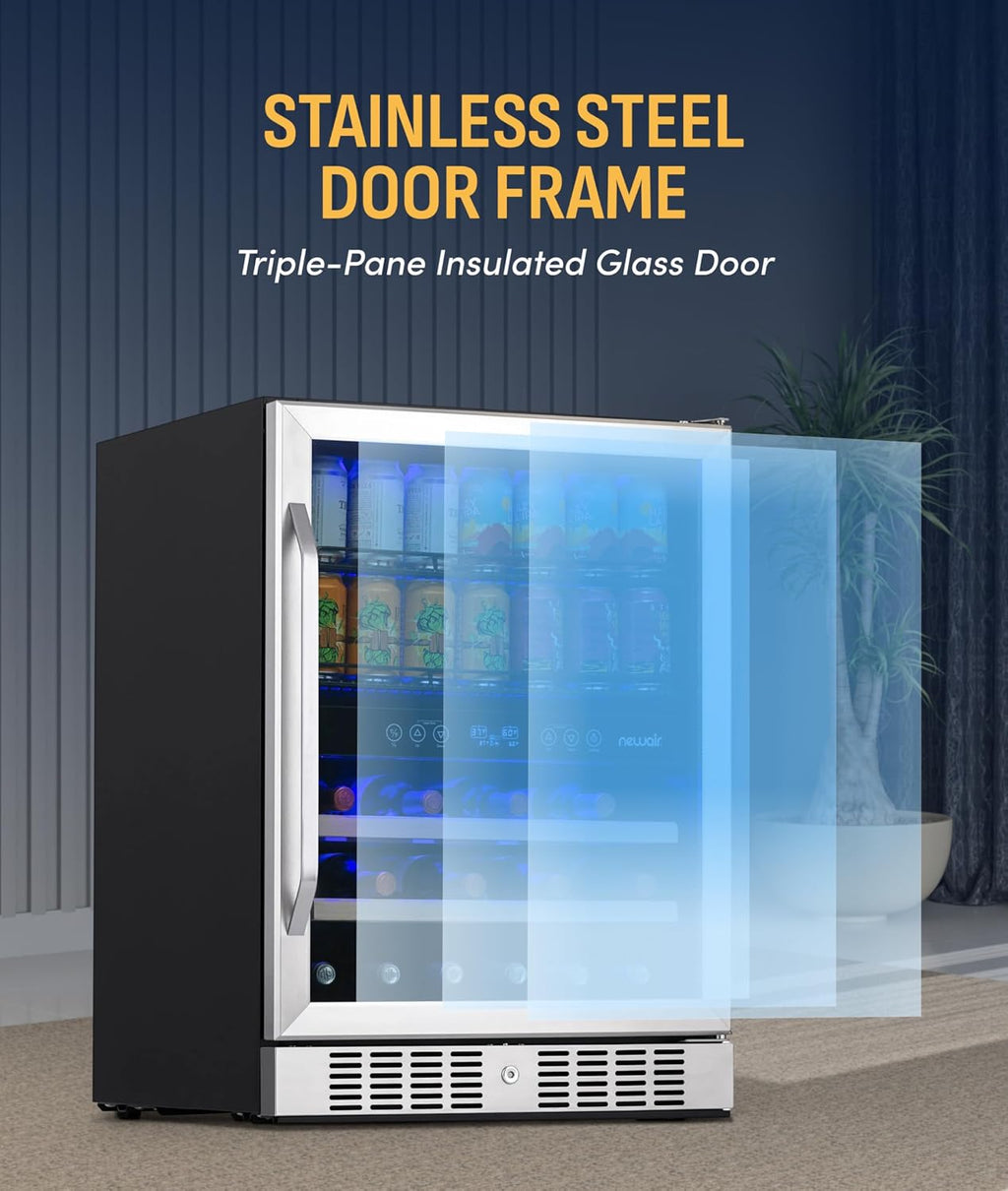 NewAir 24' Dual Zone Beverage Refrigerator & Wine Cooler for 20 Bottles & 70 Cans | Freestanding or Built-In Under Counter Mini Fridge for Beer, Wine and Soda | Stainless Steel