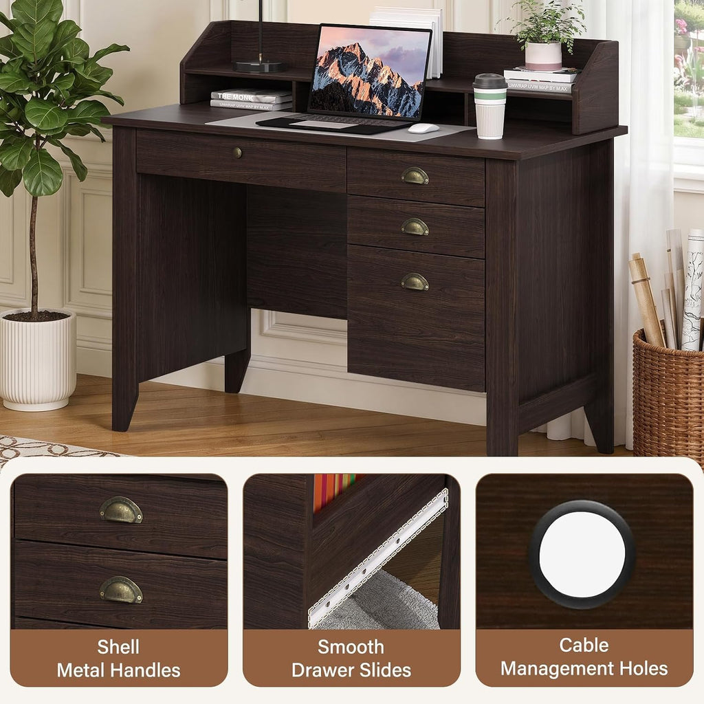 4 EVER WINNER Small Desk with Drawers, Office Desk with File Drawer and Monitor Stand, Writing Desk Study Table for Small Spaces, Espresso