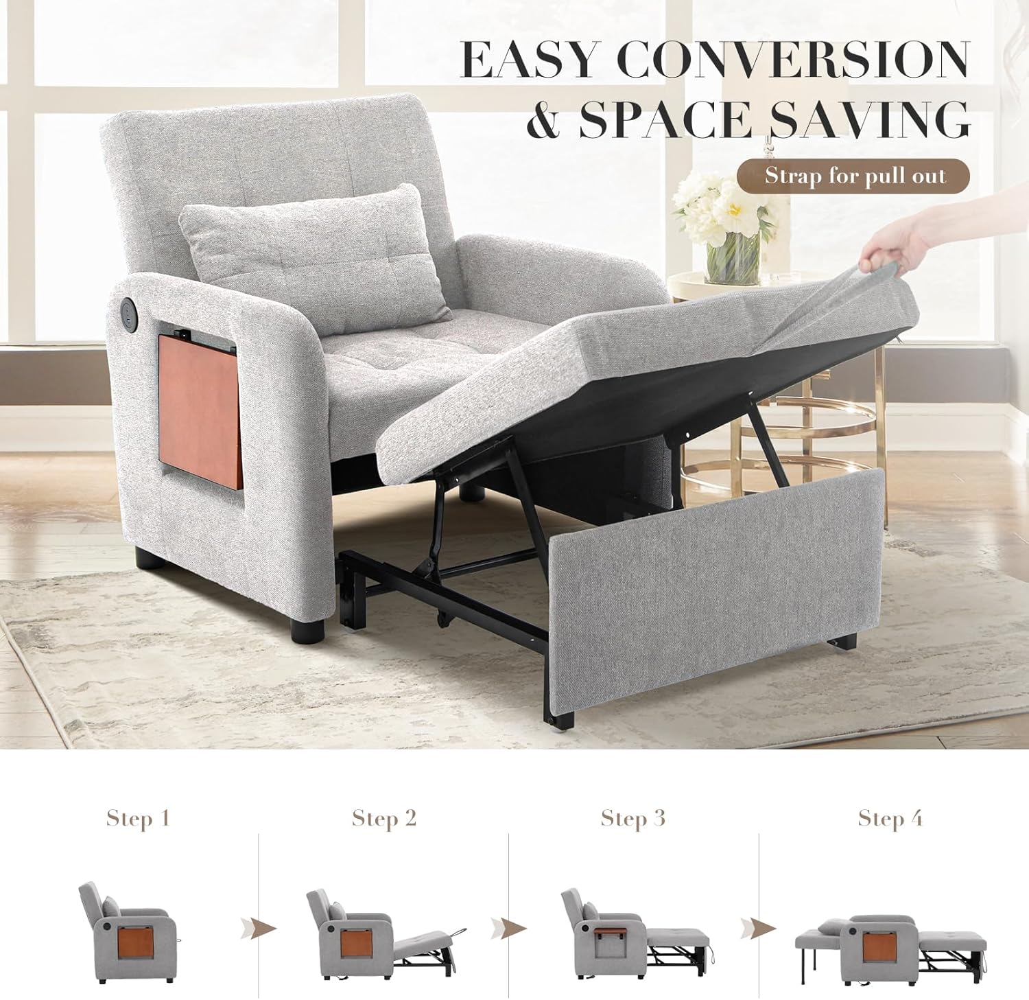 Convertible Sleeper Chair-Fabric Futon Sofa Bed, Single Sleeper Sofa, Small Couch Bed with USB Port, Foldable Table, Pillow, Adjustable Backrest for Dorm/Bedroom/College Lightgrey