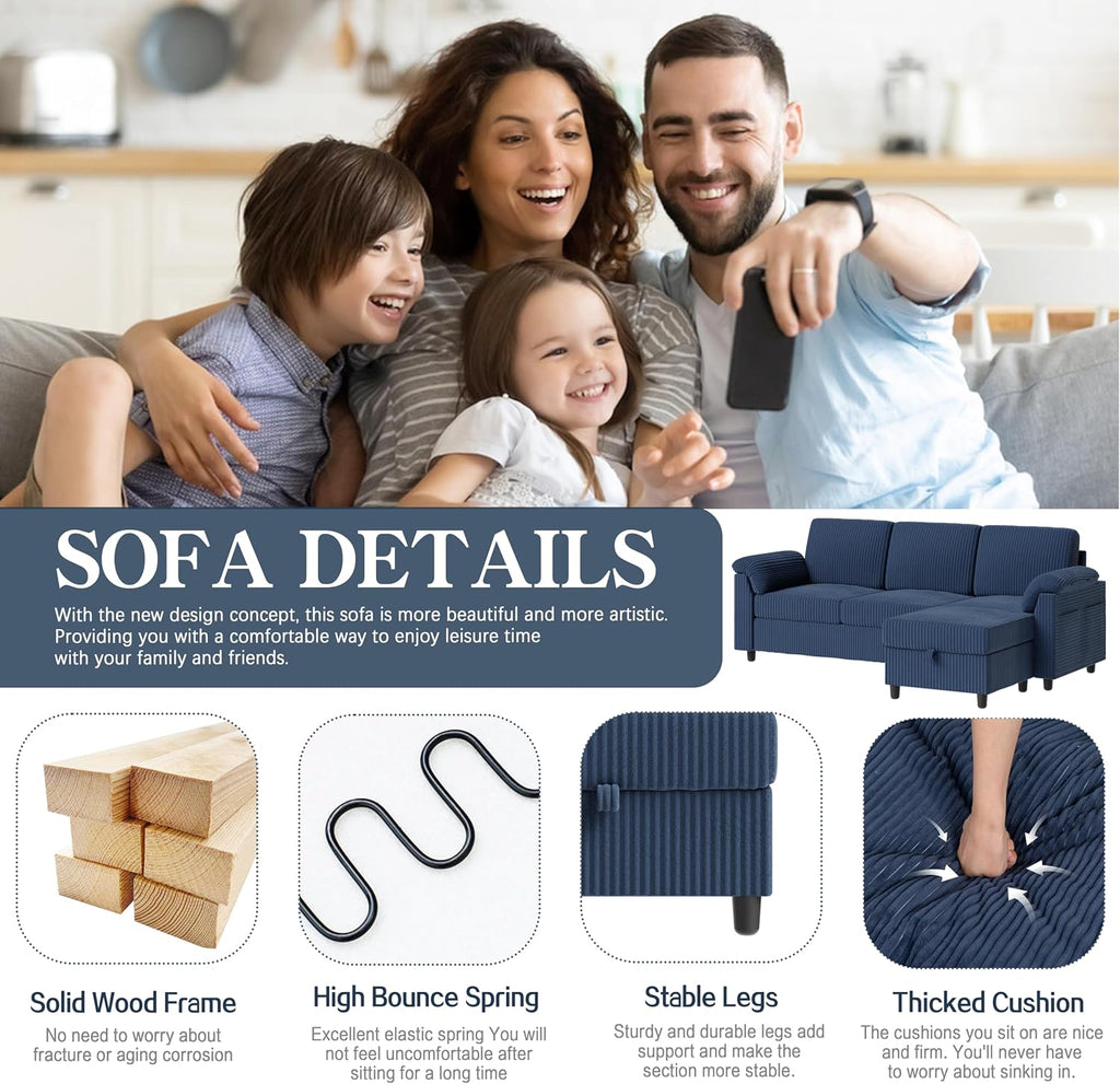 Sectional Sofa Couch for Living Room, 79' Sectional Couches with Ottoman, L Shaped Couch with Armrests Side Storage Pockage, Small Sofa Couches for Apartment, Blue