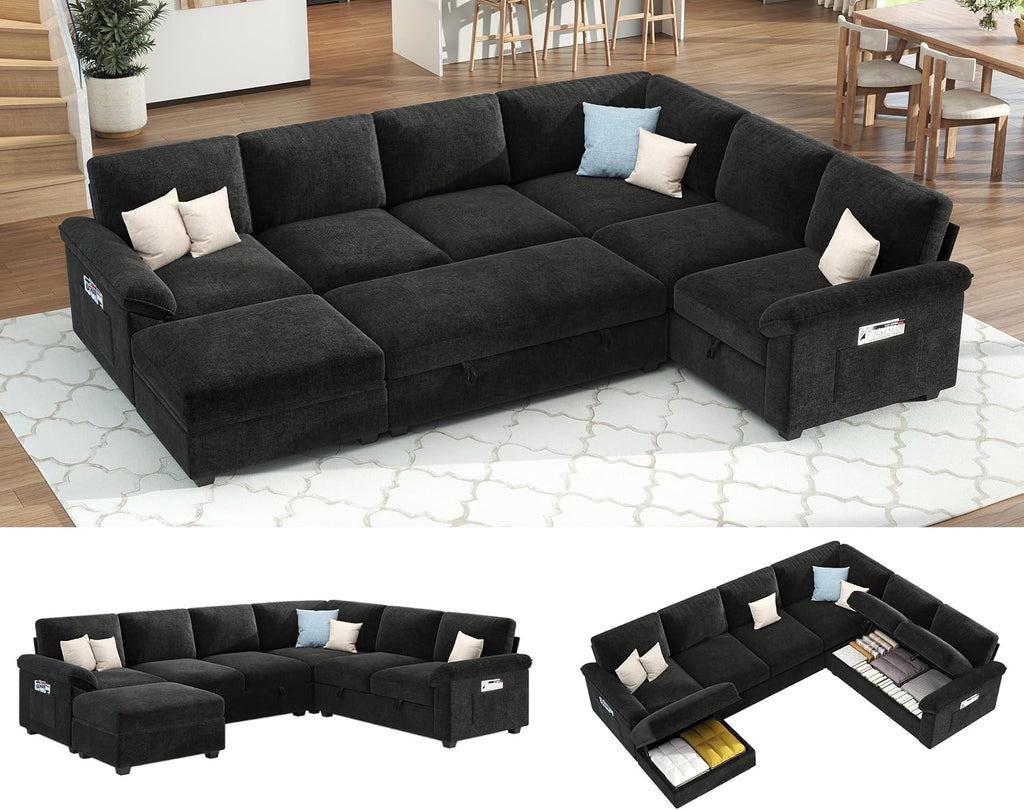 VanAcc 105' Sofa Bed, Sectional Sleeper Sofa with Pull Out Bed/Reclining Backrest, 6 Seater Couches for Living Room, Sleeper Couch Bed with Storage, Chenille Black