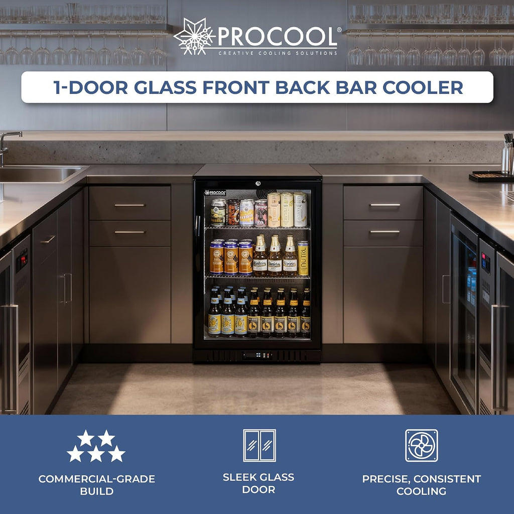 Procool 1-Door Counter Height Beverage Refrigerator - 24' Wide Energy Efficient Black Bar Fridge With Glass Door & LED Lighting - Commercial Back Bar Cooler