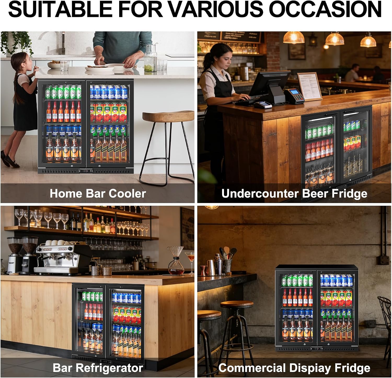 Back Bar Cooler, 7.4 Cu.ft Under Counter Beverage Refrigerator with 2 Glass Doors, LED Lighting, Adjustable Shelves, Beer Wine Soda Drink Fridge for Home Bar, Restaurant, ETL Approved