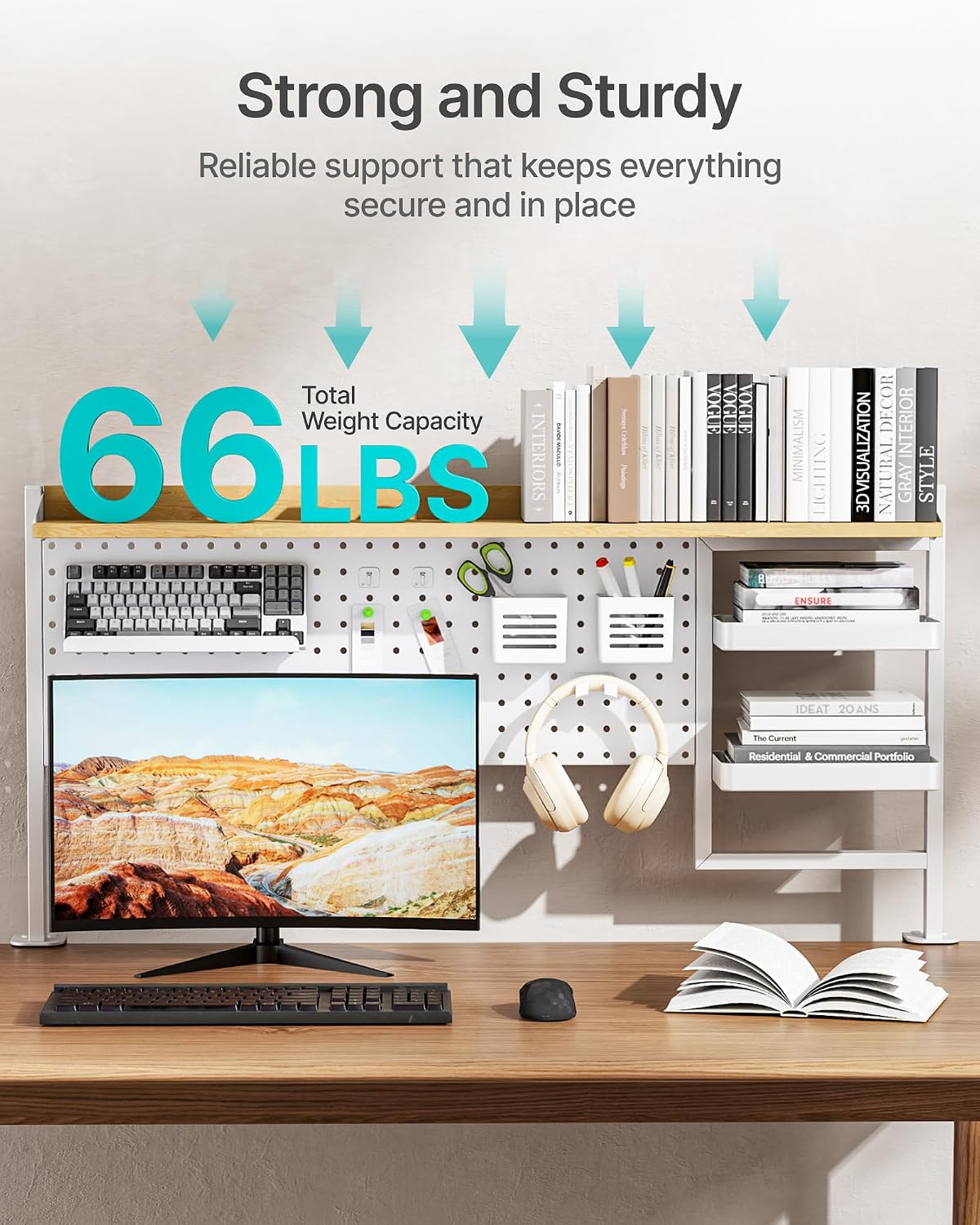 PEGZONE Clamp on Desk Shelf, 44' Desktop Shelving System with Pegboard and Accessories, Desktop Organizer with 2-Tier Shelf, Desk Pegboard for Gaming Office, White