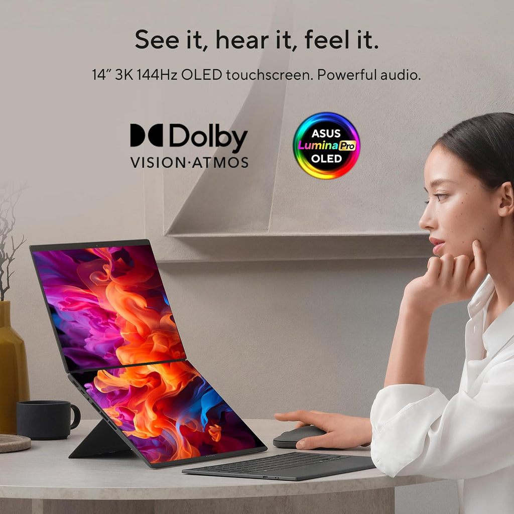 ASUS Zenbook Duo Laptop (2026), Dual 14' OLED 3K 144Hz Touch Display, Intel Core Ultra 9 Processor 386H, Intel Graphics, 32GB RAM, 1TB SSD, Sleeve and Stylus Included, WiFi 7, Windows 11, Moher Gray