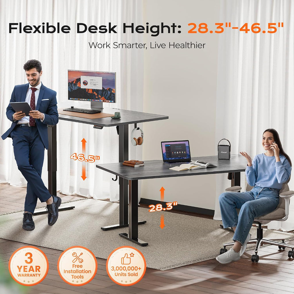 Huuger 63 x 28 Large Electric Standing Desk, Height Adjustable Computer Desk, 27.6' Deep Desktop, Stand up Gaming Office Table with 2 Hooks, 3 Preset Heights, for Home Office, Grey