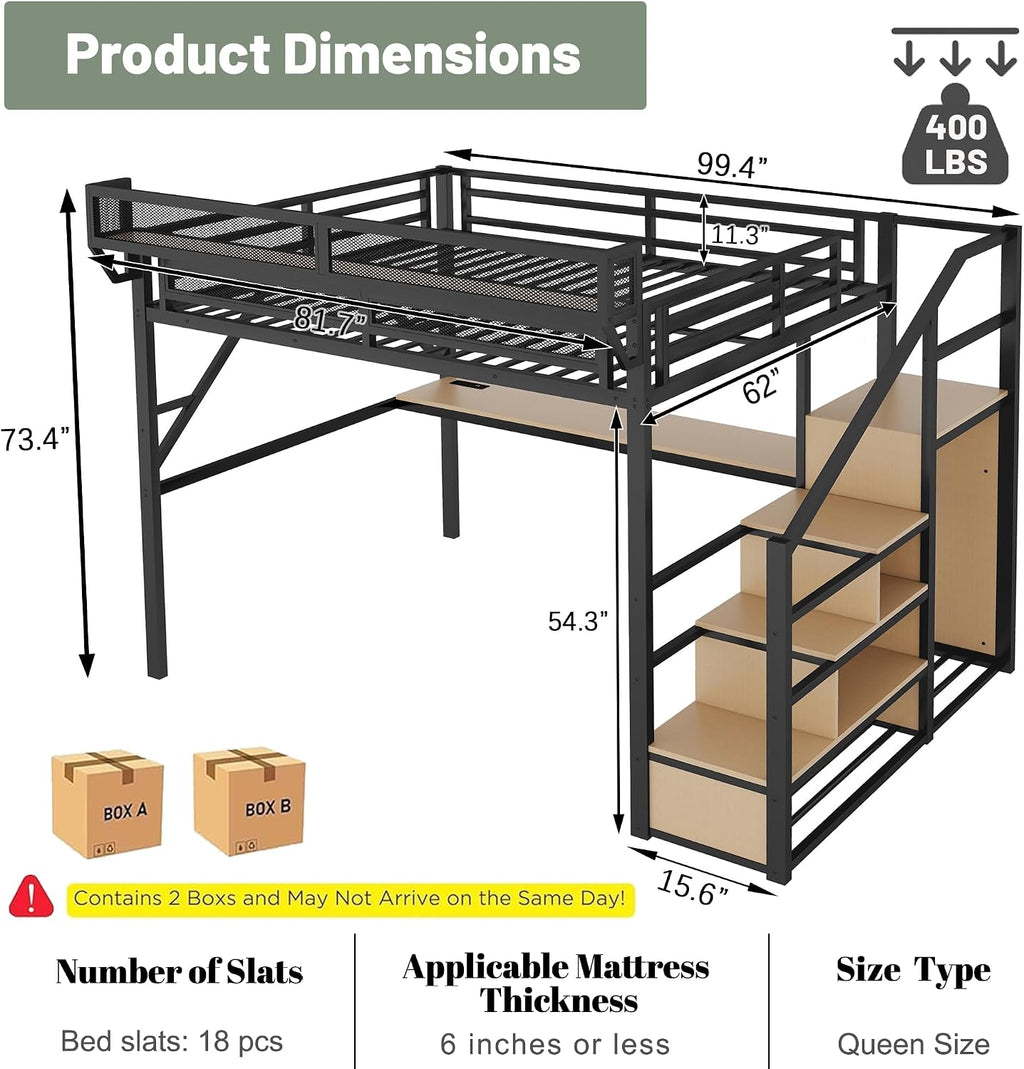 Queen Size Loft Bed with Stairs and Desk, Metal Lofts Bed Queen with Upper Storage Shelf, Gaming LoftBed with LED, Charging Station and Wardrobe for Teens, Adults,Black