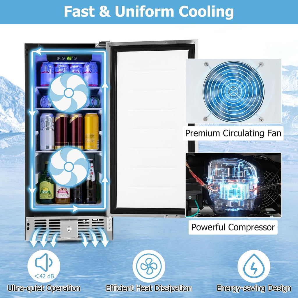 COSTWAY 15 Inch Beverage Refrigerator, Under Counter Drink Fridge with Stainless Steel Door & Removable Shelves, Built-in & Freestanding Beverage Cooler for Soda, Beer, Wine