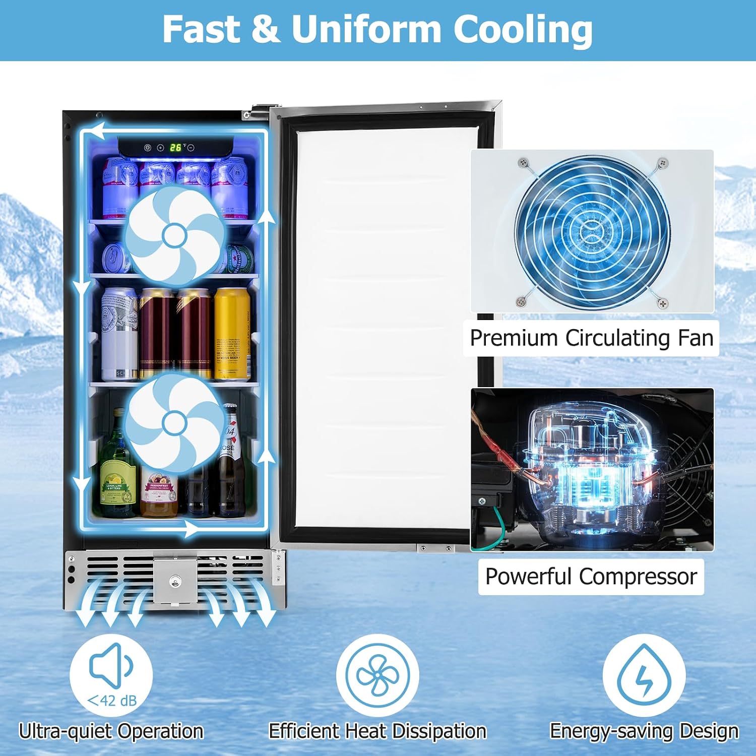 COSTWAY 15 Inch Beverage Refrigerator, Under Counter Drink Fridge with Stainless Steel Door & Removable Shelves, Built-in & Freestanding Beverage Cooler for Soda, Beer, Wine