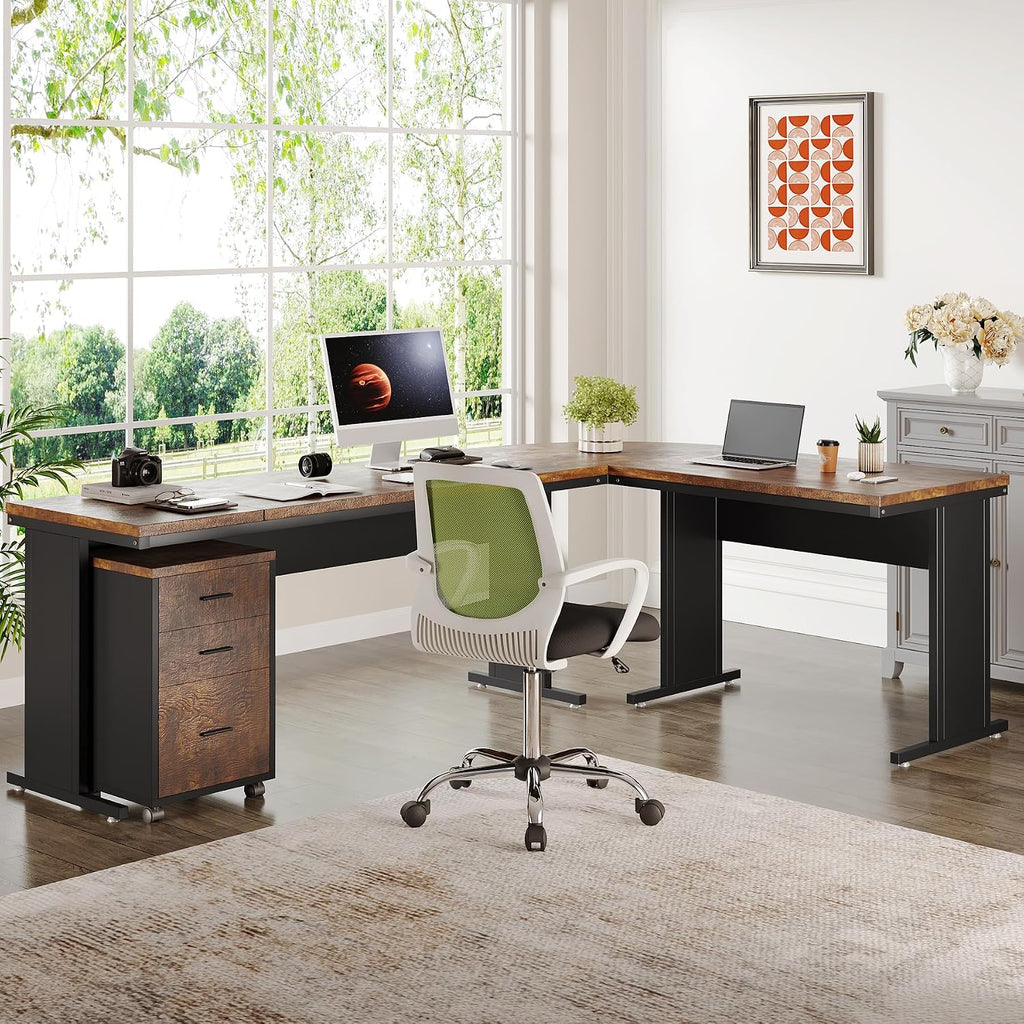 Tribesigns 83' L-Shaped Executive Desk, Large Office Desk with Drawers, Industrial Corner Computer Table with Rolling File Cabinet, Business Workstation for Home Office (Brown, 83 Inches)