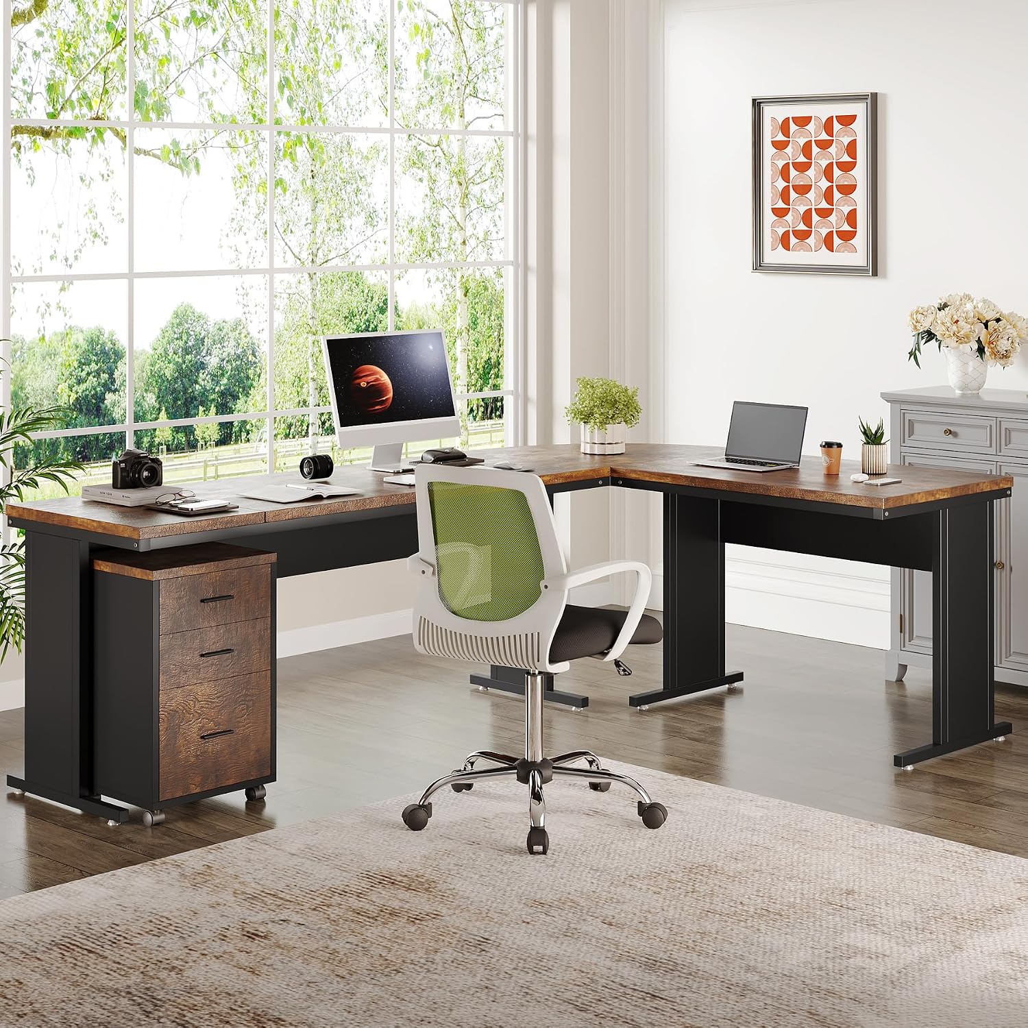 Tribesigns 83' L-Shaped Executive Desk, Large Office Desk with Drawers, Industrial Corner Computer Table with Rolling File Cabinet, Business Workstation for Home Office (Brown, 83 Inches)