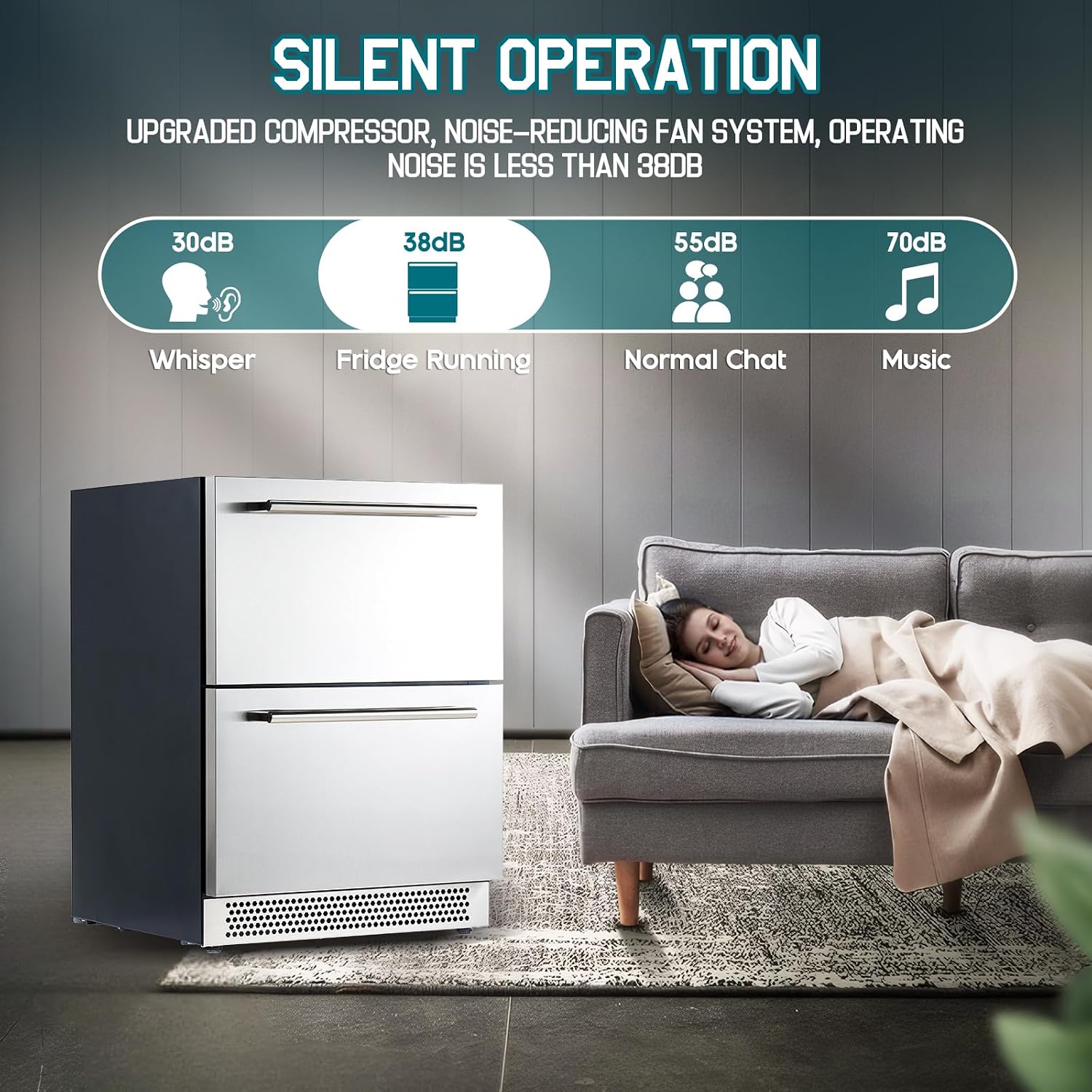Albott 24 Inch Under Counter Drawer Fridge – Stainless Steel Beverage Refrigerator with Dual Drawers, LED Touch Control, Adjustable Storage, Frost-Free, Low Noise, 34-72℉, for Indoor or Outdoor Use