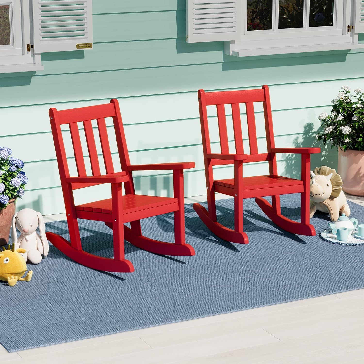 WestinTrends Malibu Outdoor HDPE Plastic Preschool Toddler Rocking Chairs (Set of 2), Red