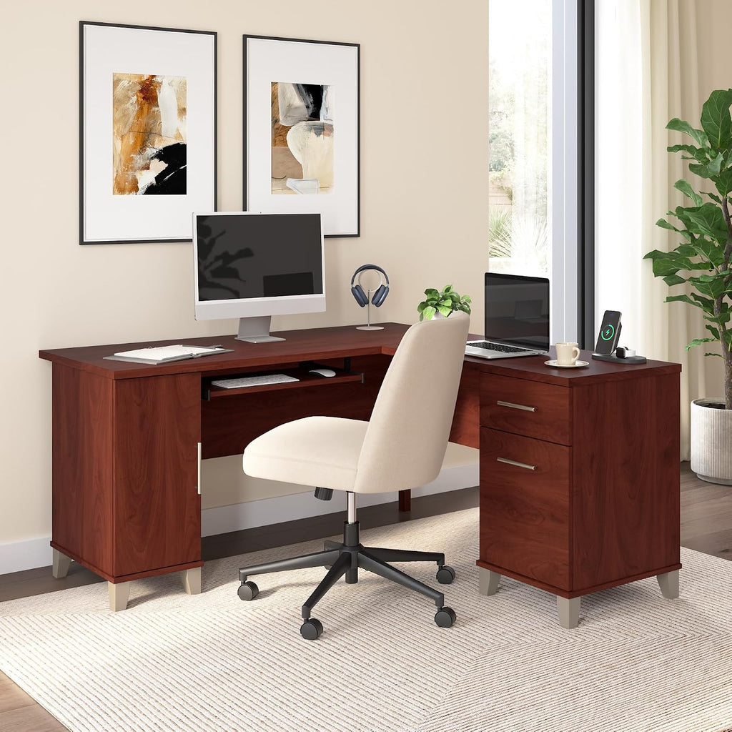 Bush Home 60-Inch L-Shaped Desk with Storage, Corner Computer Office Desk with Drawers and Storage Cabinet, Home Office Furniture, Somerset Collection, Hansen Cherry