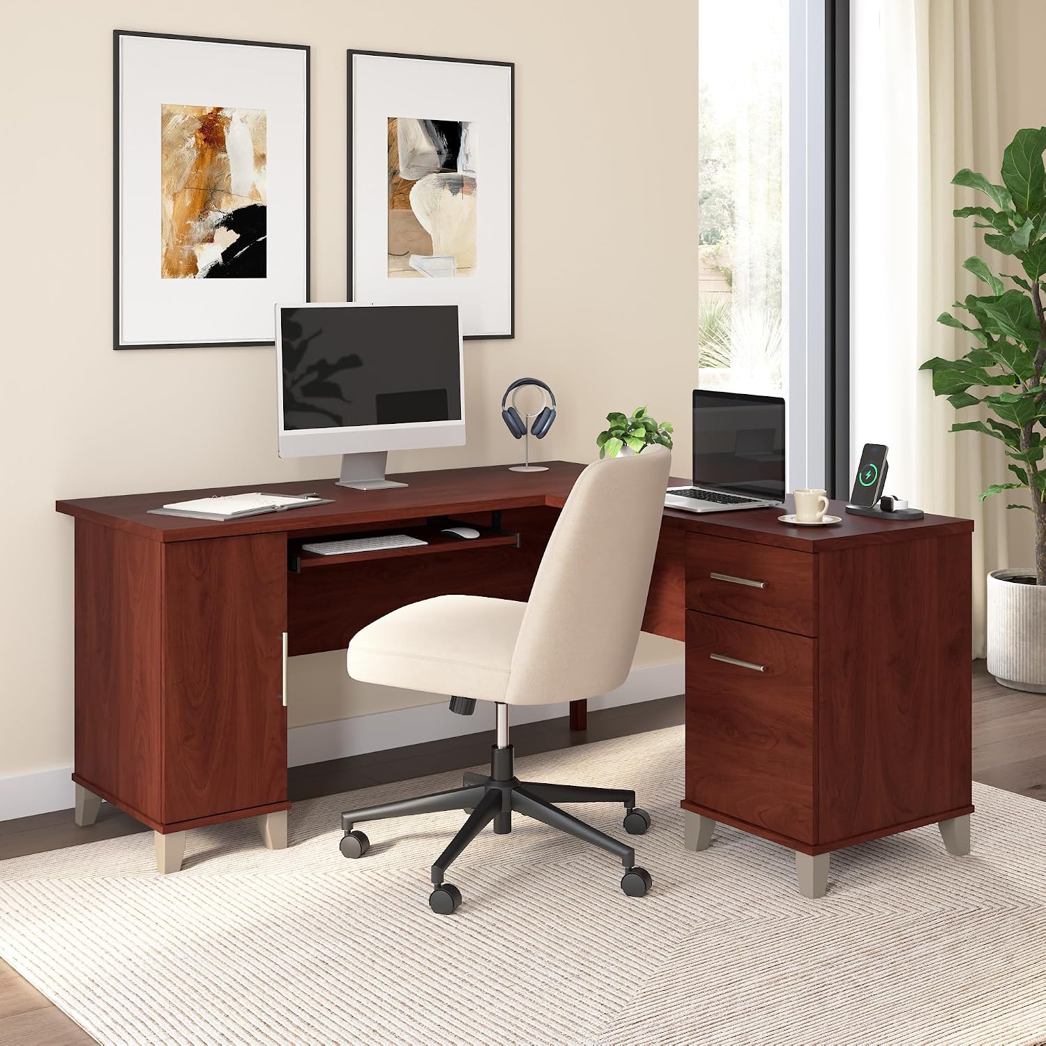 Bush Home 60-Inch L-Shaped Desk with Storage, Corner Computer Office Desk with Drawers and Storage Cabinet, Home Office Furniture, Somerset Collection, Hansen Cherry