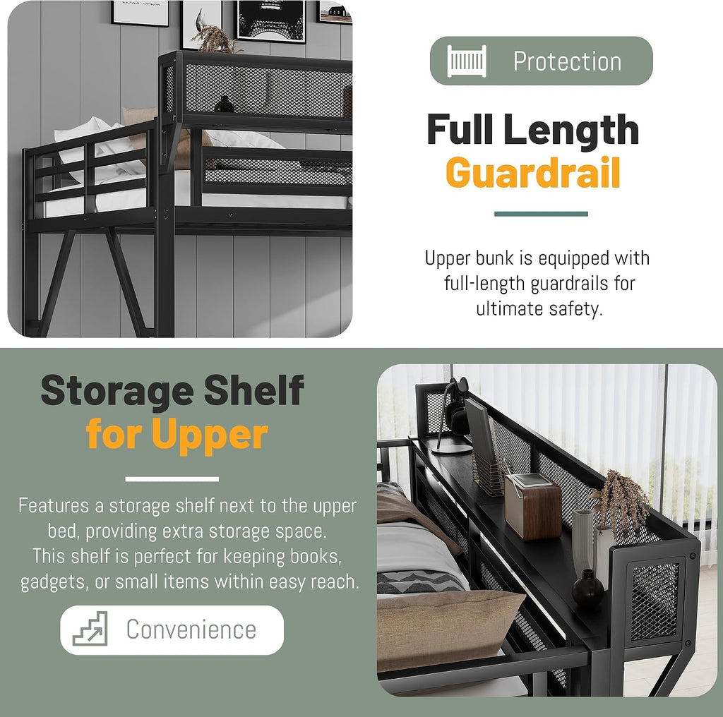 Queen Size Loft Bed Frame for Adults,Metal Queen Lofts Bed with Stairs & Storage Shelf, Heavy Duty High LoftBed with Wardrobe for Teens,Girls Boys, Black +Black Stair