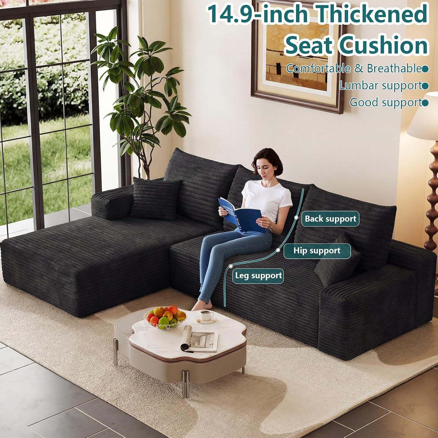 95' Modular Sectional Couch, Boneless L Shaped Cloud Sofa with Chaise Lounge, Corduroy Upholstered Couches Memory Foam Deep Seat, No Assembly Required, Ideal for Living Room(Black, Left Facing)