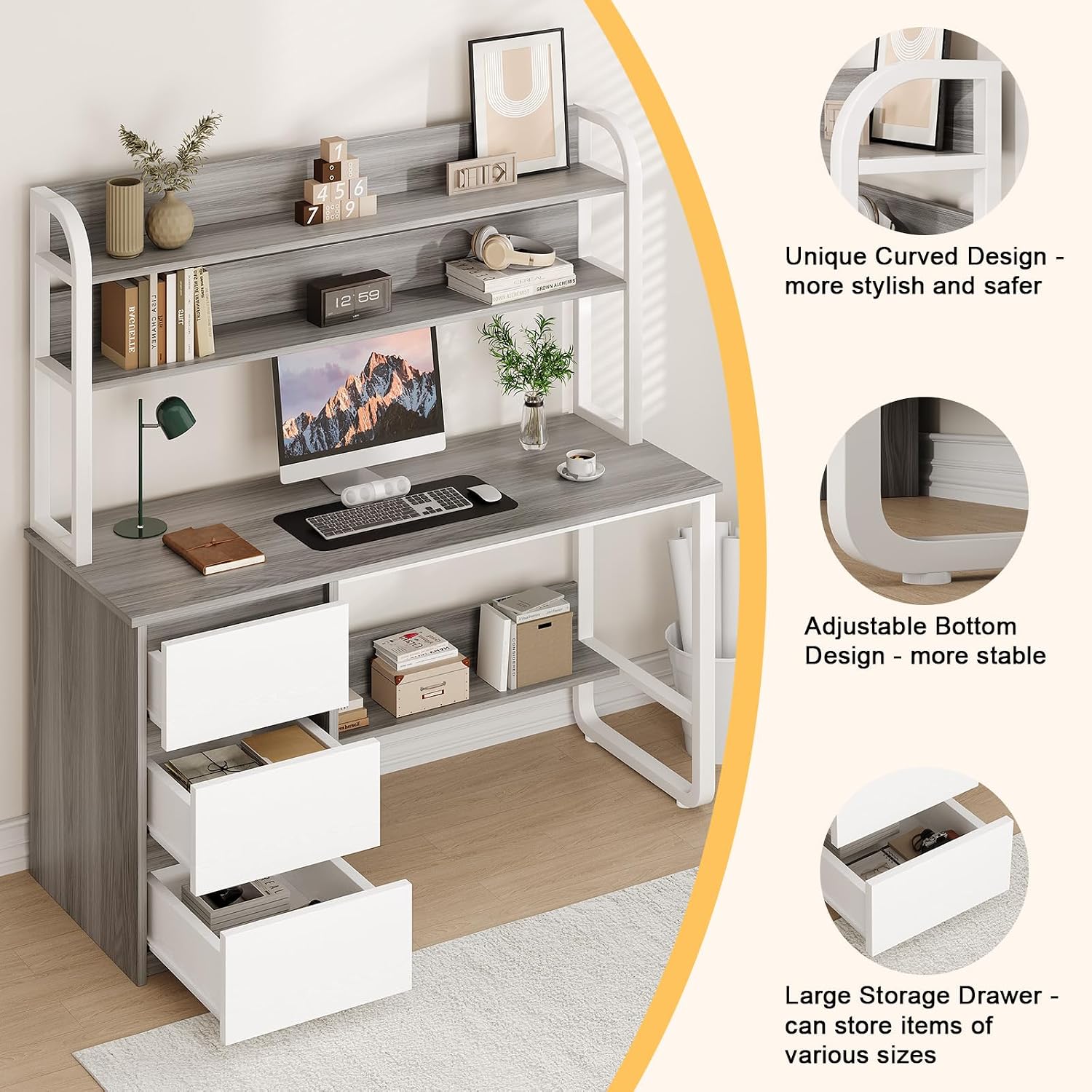 MaverickFurni Computer Desk with Hutch, 55 Inch Home Office Desk with Storage Drawers, Study Writing Desk with Shelves for Bedrrom, Adjustable Feet, Grey