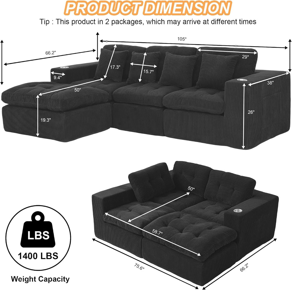 108 inch Boneless L Shaped Modular Sofa Bed, 50' Deep Seat Corduroy Sectional Couch with Ottoman No Assembly, 1400lbs Capacity Cloud Sleeper for Living Room Apartment (Matte Black)