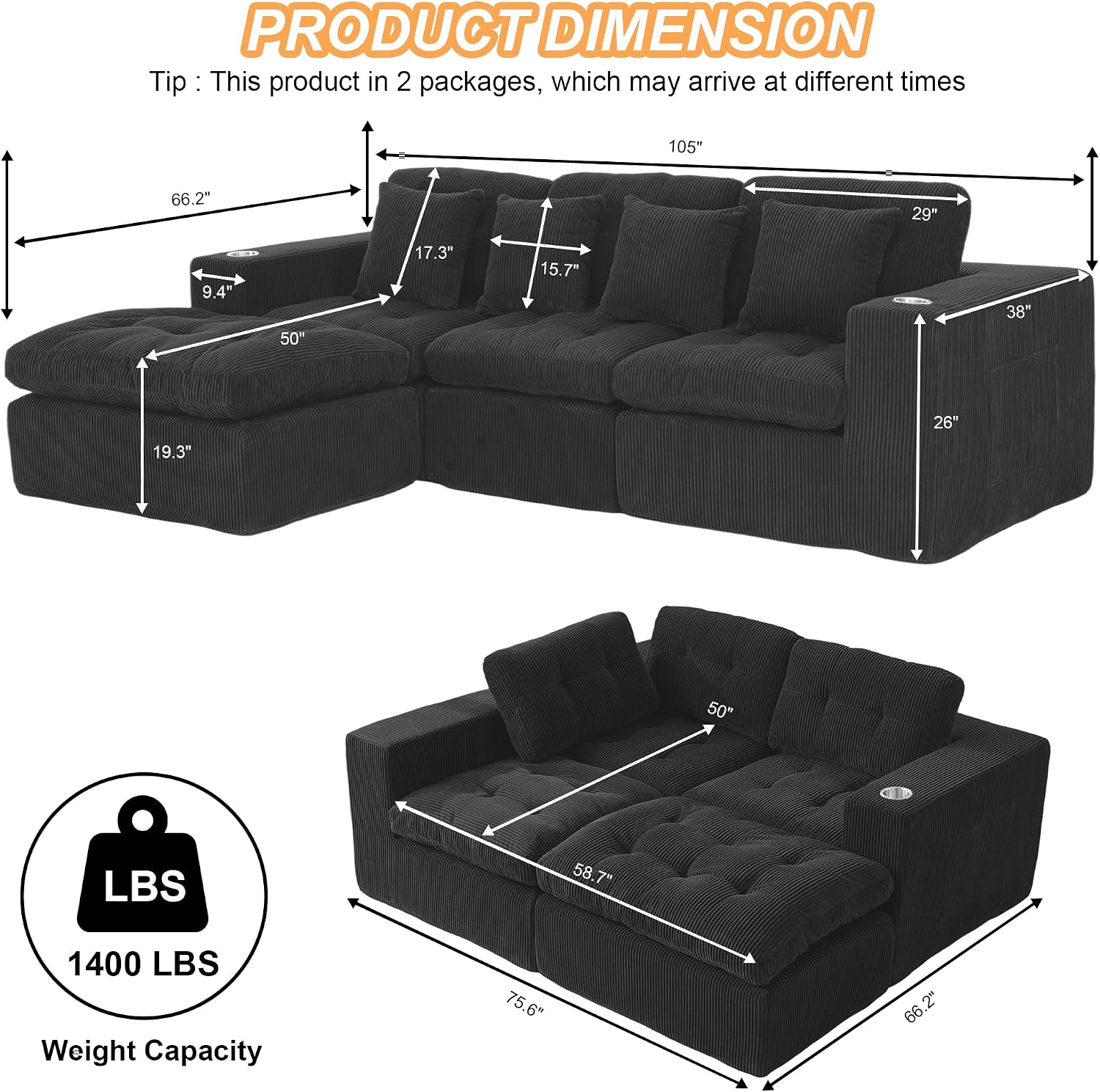 108 inch Boneless L Shaped Modular Sofa Bed, 50' Deep Seat Corduroy Sectional Couch with Ottoman No Assembly, 1400lbs Capacity Cloud Sleeper for Living Room Apartment (Matte Black)