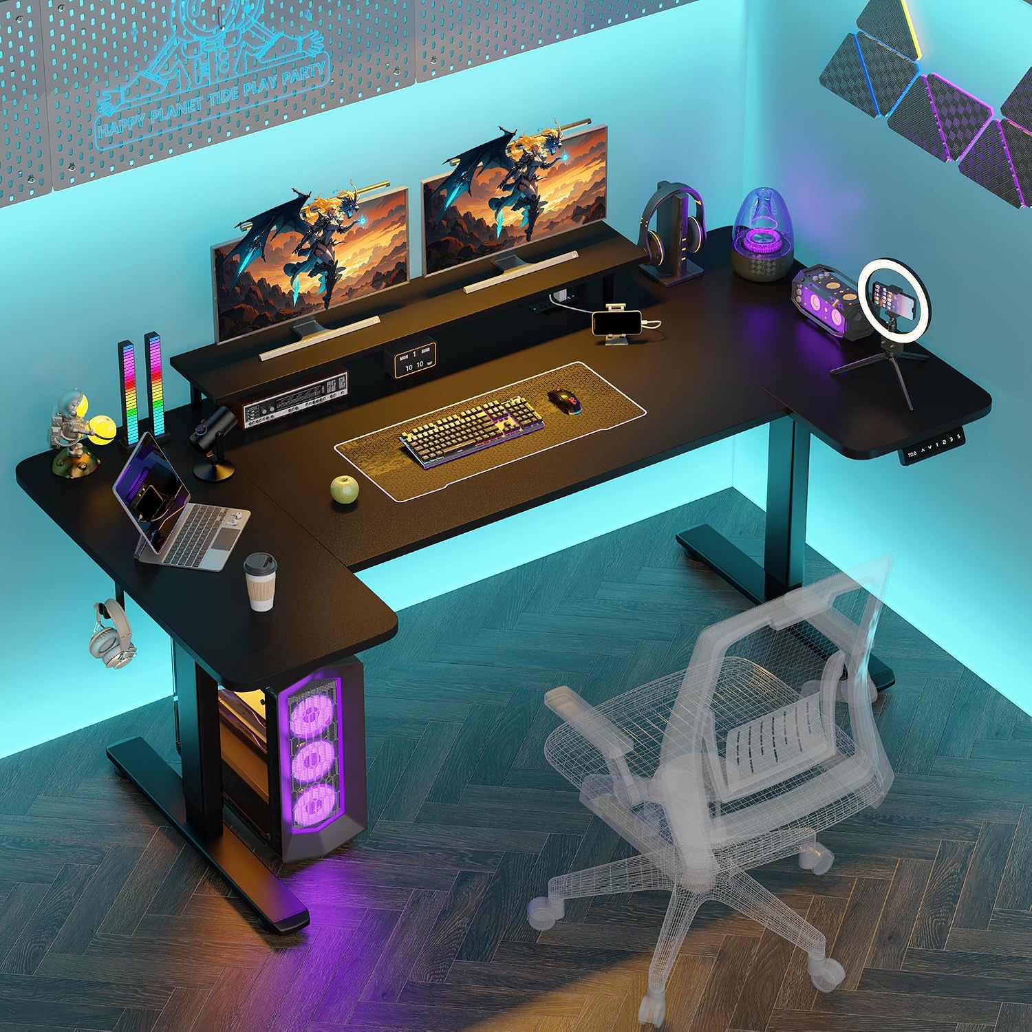 EnHomee U Shaped Electric Standing Desk, 71 x 36 Inch Height Adjustable Desk with Power Outlets, 3 Memory Heights, Monitor Shelf, Home Office Work Study Gaming Computer Desk