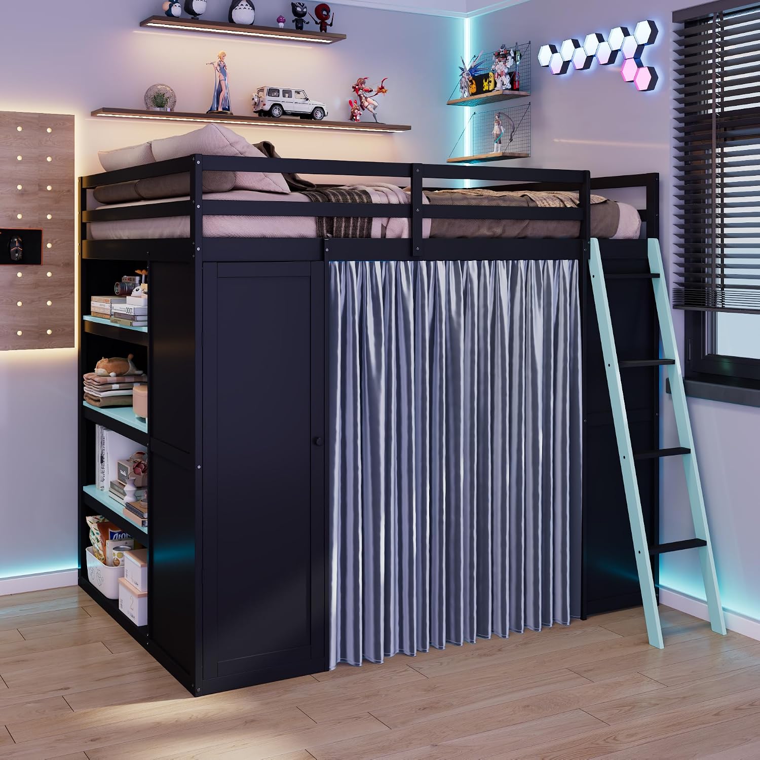 Harper & Bright Designs Gaming Loft Bed Full Size with Desk and Curtain for Privacy, Solid Wood Loft Bed with Shelf and Wardrobe for Storage, RGB Lights, Saving Space, Sturdy Support, Black+Blue