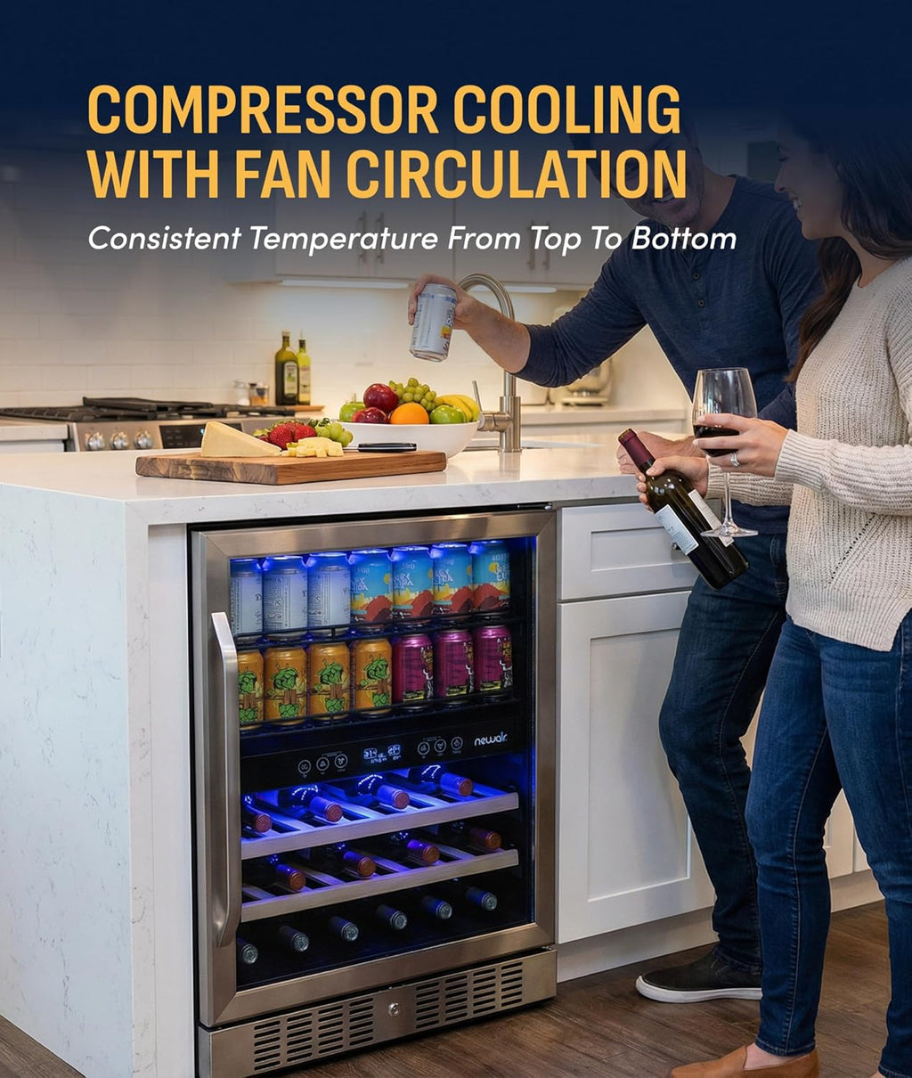 NewAir 24' Dual Zone Beverage Refrigerator & Wine Cooler for 20 Bottles & 70 Cans | Freestanding or Built-In Under Counter Mini Fridge for Beer, Wine and Soda | Stainless Steel