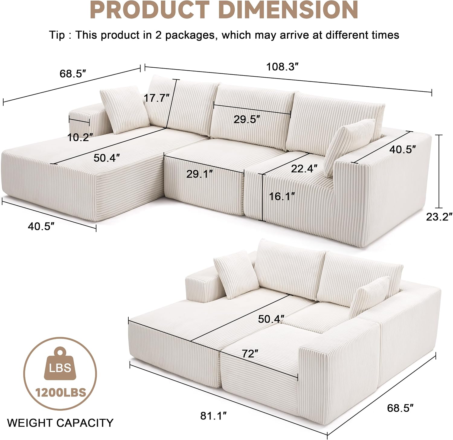 108' Modular Sectional Sofa, Cloud Sectional Couch with Deep Seat, Modern Modular L-Shape Sofa Couch with Chaise,Upholstered Boneless Couches for Living Room Bedroom (Beige, Left Facing Chaise)
