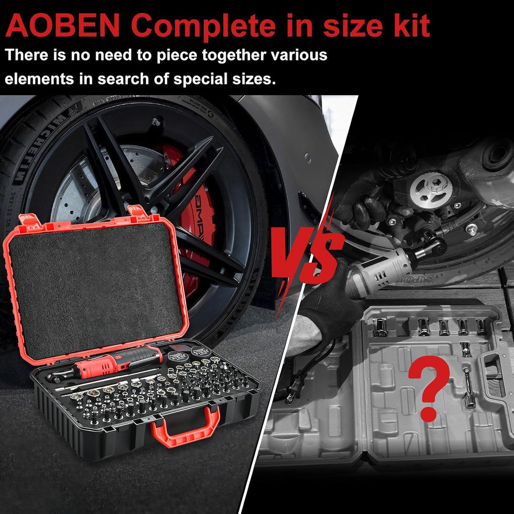 AOBEN Cordless Electric Ratchet Wrench with 83pc 1/4' to 3/8' impact sockets set,12V Electric Wrench with Variable Speed,3/8' to 1/4' Adapter, 3' Extension Bar