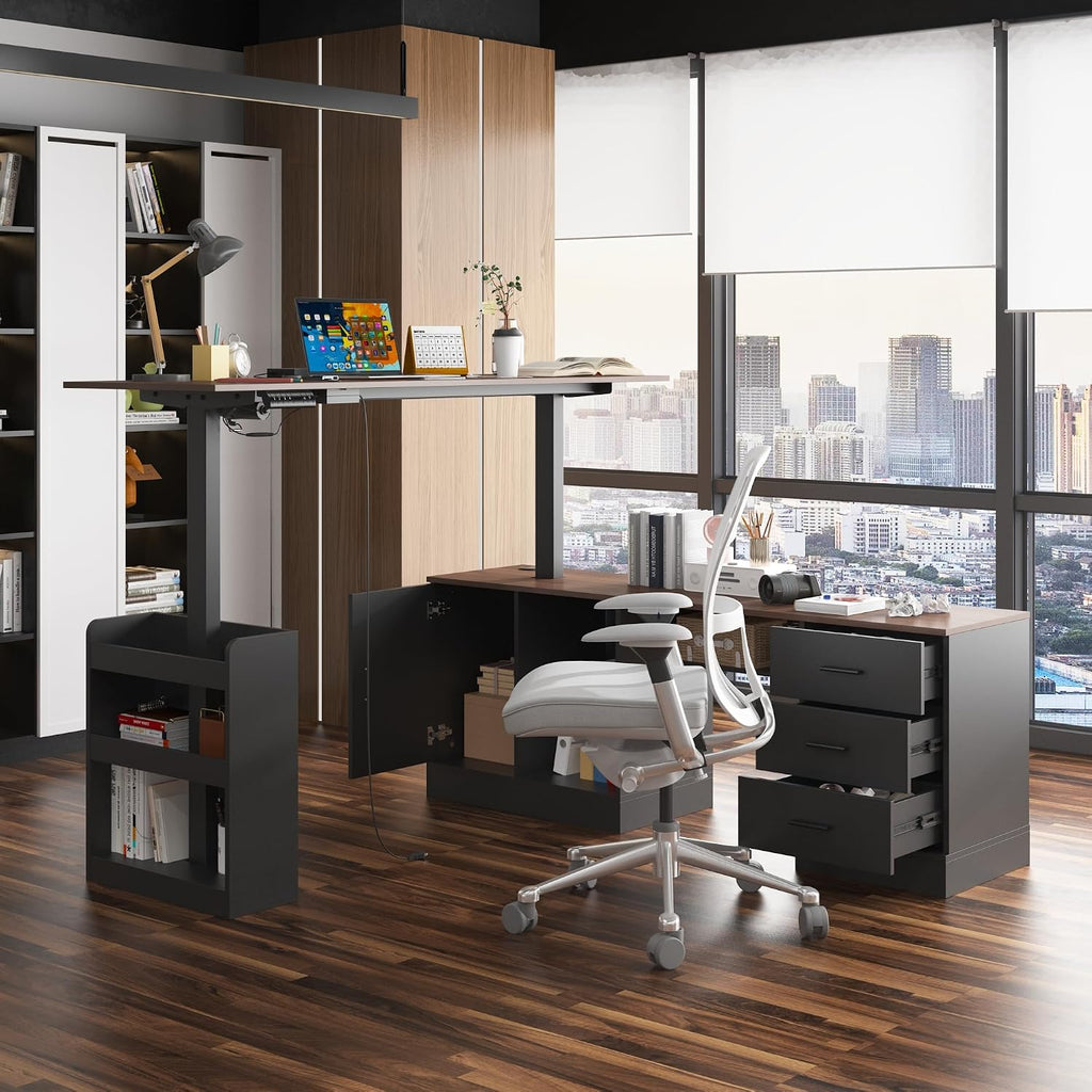 63' W Height Adjustable Standing Desk with Drawers & Cabinet, Electric Stand up Desk with Storage, L Shaped Home Office Table Corner Computer Workstation, Black & Brown (28.4'-45.8' H)