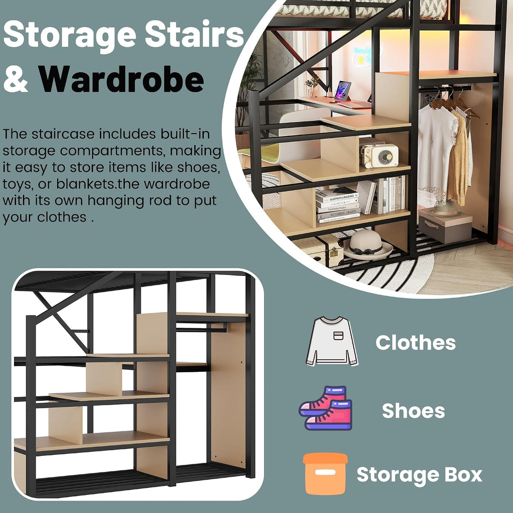 Queen Size Loft Bed with Stairs and Desk, Metal Lofts Bed Queen with Upper Storage Shelf, Gaming LoftBed with LED, Charging Station and Wardrobe for Teens, Adults,Black