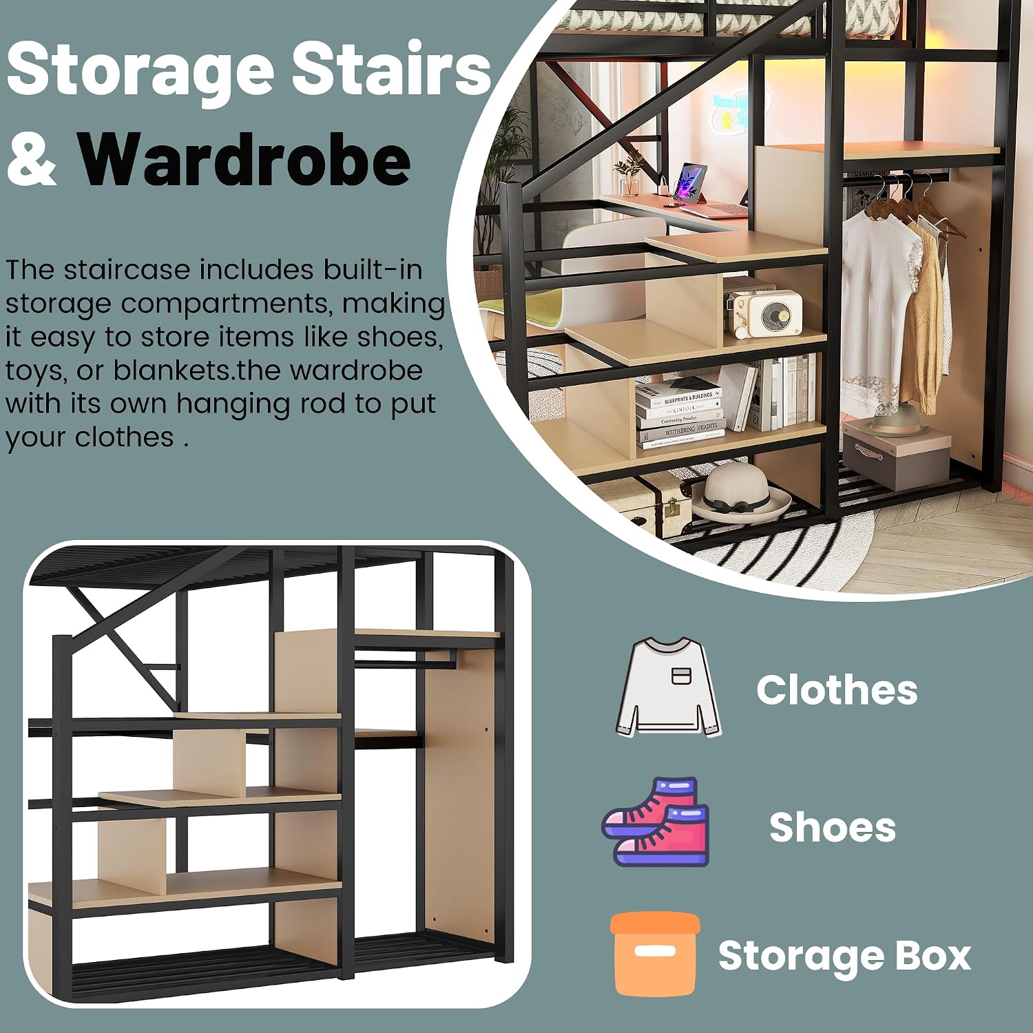 Queen Size Loft Bed with Stairs and Desk, Metal Lofts Bed Queen with Upper Storage Shelf, Gaming LoftBed with LED, Charging Station and Wardrobe for Teens, Adults,Black