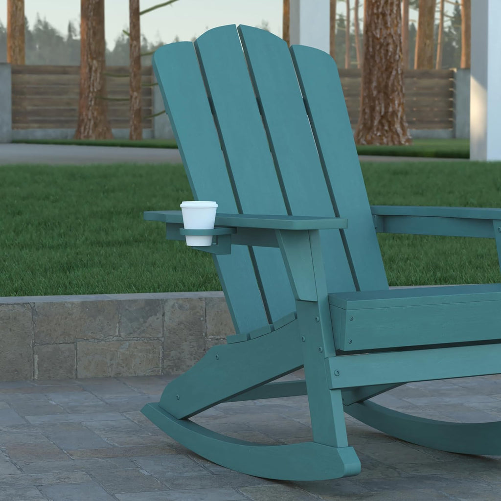 EMMA + OLIVER Tiverton Adirondack Rocking Chair with Cup Holder, Weather Resistant Poly Resin Adirondack Rocking Chair, Blue