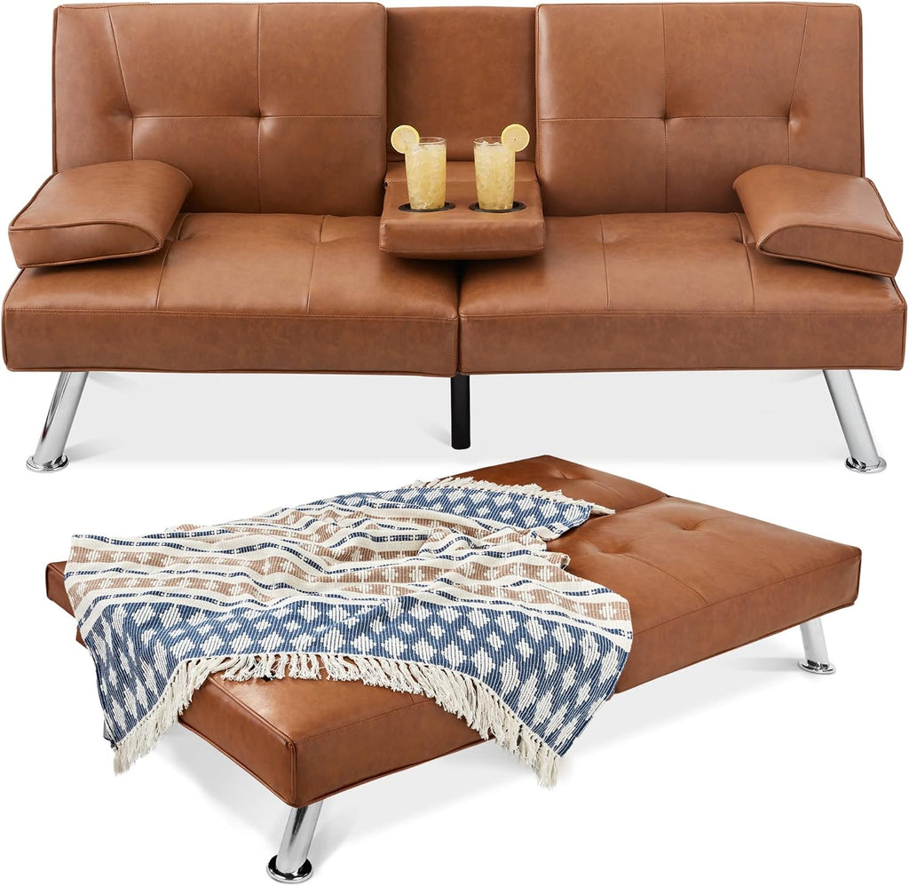 Best Choice Products Faux Leather Upholstered Modern Convertible Futon, Adjustable Folding Sofa Bed, Guest Bed w/Removable Armrests - Tan