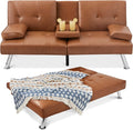 Best Choice Products Faux Leather Upholstered Modern Convertible Futon, Adjustable Folding Sofa Bed, Guest Bed w/Removable Armrests - Tan