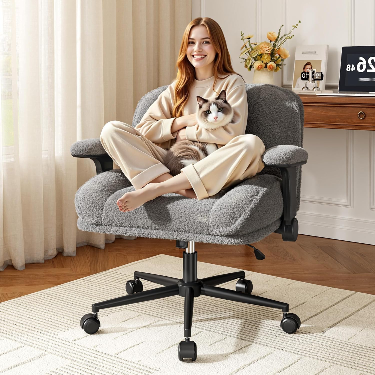 DurayLoly Criss Cross Chair with Wheels,Flip Up Arms,Wide Seat,Teddy Fleece,Adjustable Height,Cross Legged Desk Chair for Bedroom,Dorm,Home Office,Grey