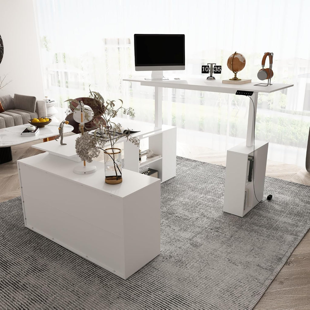 63' W Height Adjustable Standing Desk with Drawers & Cabinet, Electric Stand up Desk with Storage, C Shaped Home Office Table Corner Computer Workstation, White (28.1'-46.6' H)