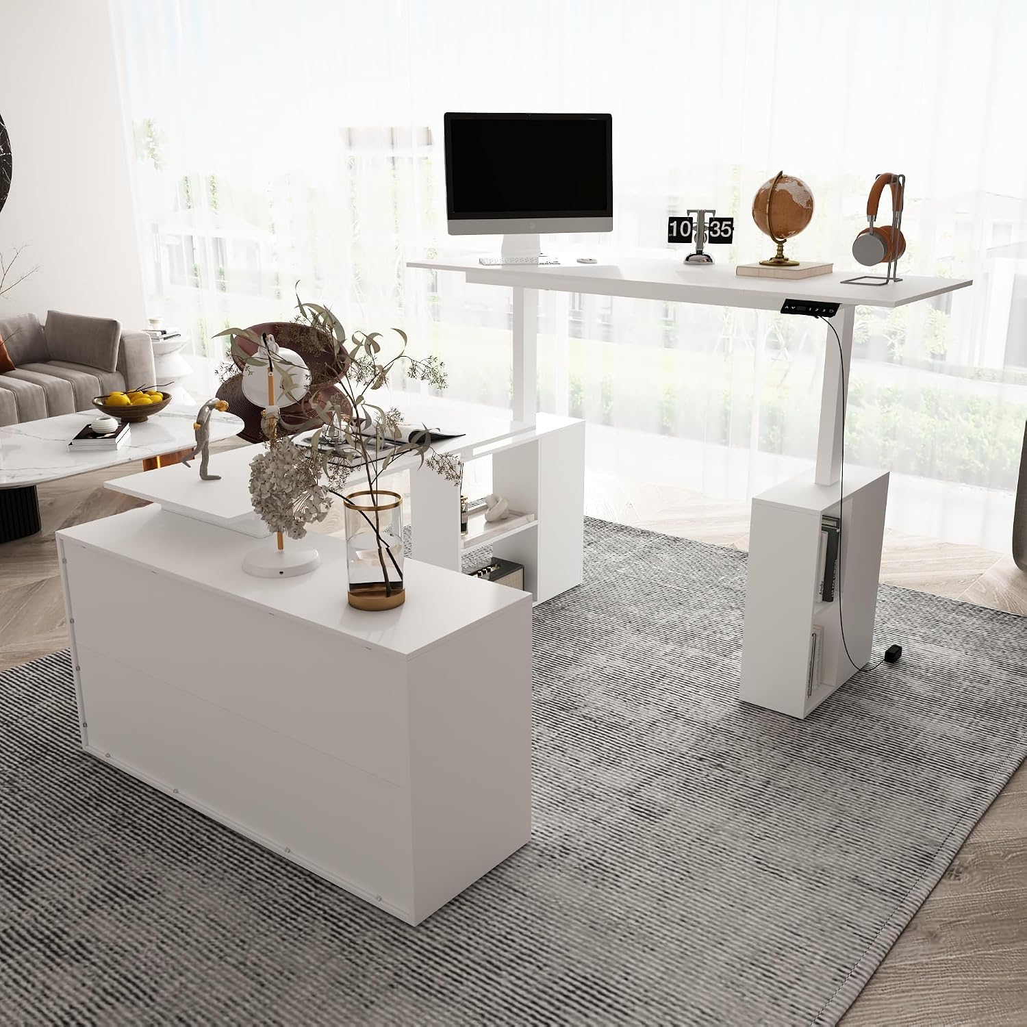 63' W Height Adjustable Standing Desk with Drawers & Cabinet, Electric Stand up Desk with Storage, C Shaped Home Office Table Corner Computer Workstation, White (28.1'-46.6' H)