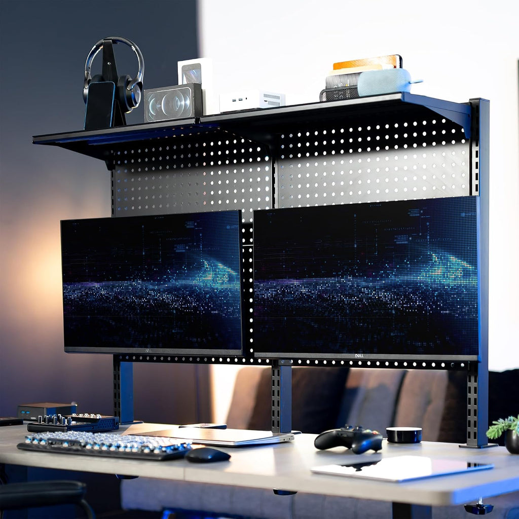 VIVO Steel Triple Clamp 47 x 31 inch Desk Pegboard System with 2 Monitor Mounts and Storage Shelf, Fits up to 32 inch Screens, Office Accessory Organizer, Black, PP-DK48SB