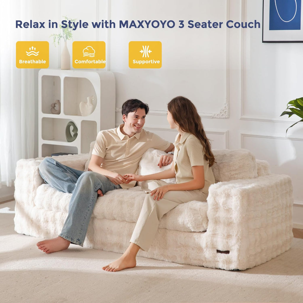 MAXYOYO 3-Seater Boneless Sofa Couch, Modern Bubbled Sofa for Living Room, Soft Bean Bag Chair High-Density Foam Couch with Pillows, No Assembly Required